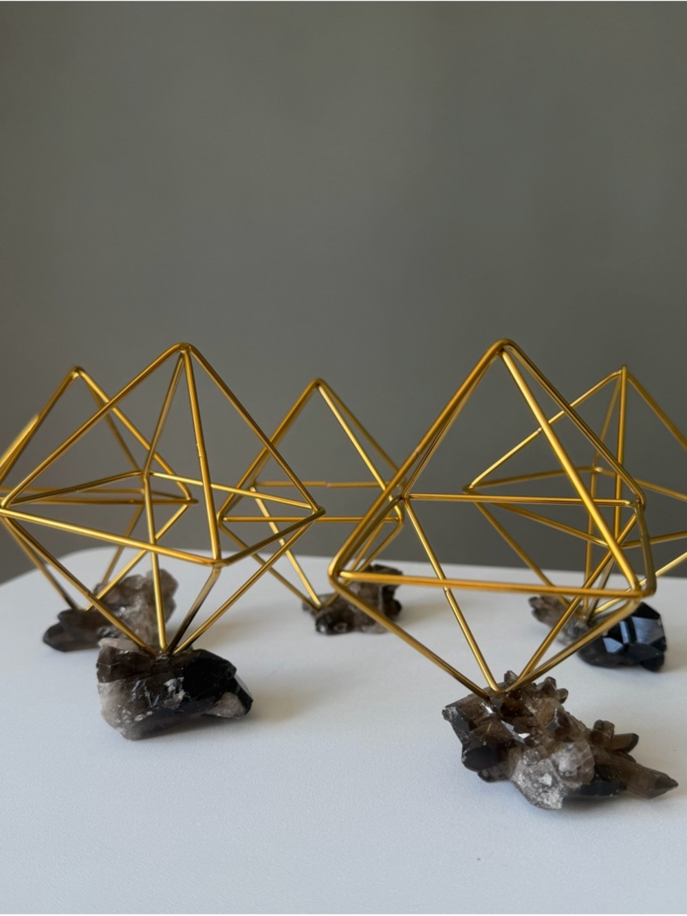 Air Plant holders with Smokey Quarts Crystal set of 5 Gold 2" Geometric